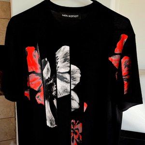 *NEIL BARRETT MENS Black Reds Floral Flower Short Sleeve Sweater Top Shirt M*